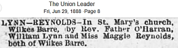 William Lynn-Maggie Reynolds Marriage announcement from the The Union Leader, Wilkes-Barre, Pennsylvania - Friday, June 29, 1888 page 8