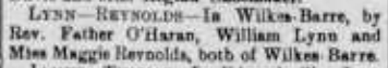 William Lynn-Maggie Reynolds Marriage announcement from a Wilkes-Barre newspaper