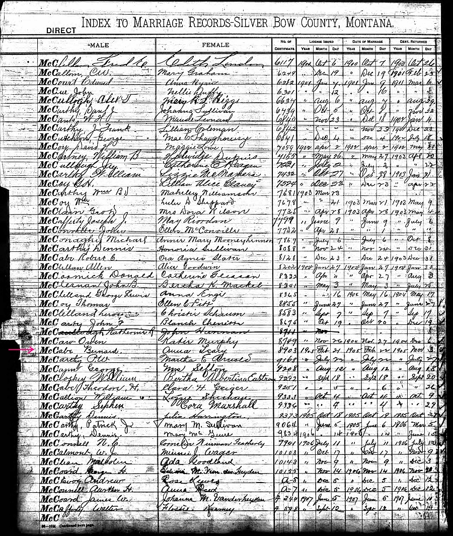 1905 Marriage Register, Bernard McCabe & Anna Leary, Montana