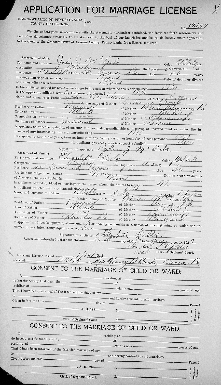 John McCabe & Elizabeth Kelly Marriage Licence 1929