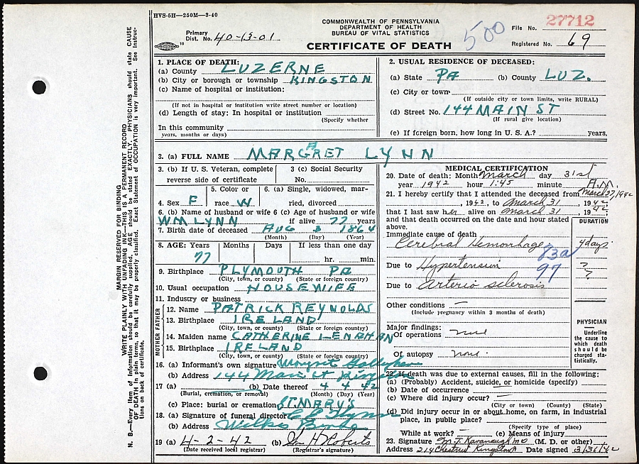 1942 Death Certificate, Margaret Reynolds Lynn