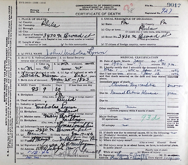 John Lynn's Death Certificate, 1946