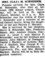 newspaper notice of Clara Schneider's (Viola's mother) funeral services, 64kb
