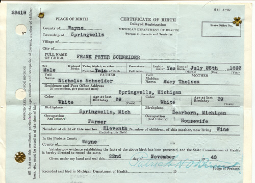 Frank Schneider's Birth Certificate 1893
