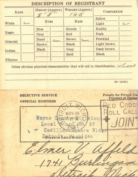 Elmer Vincent Affeld's Draft Card - Back Side