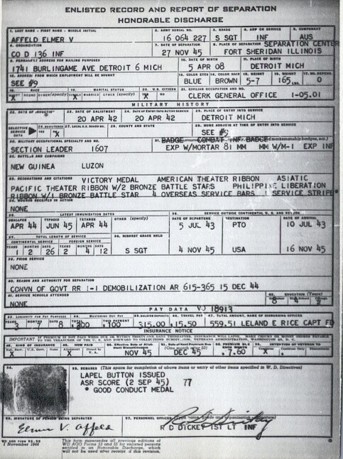 Elmer Vincent Affeld - Enlistment & Discharge Record