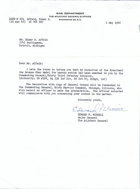 Elmer Vincent Affeld - Bronze Star Medal for heroic action