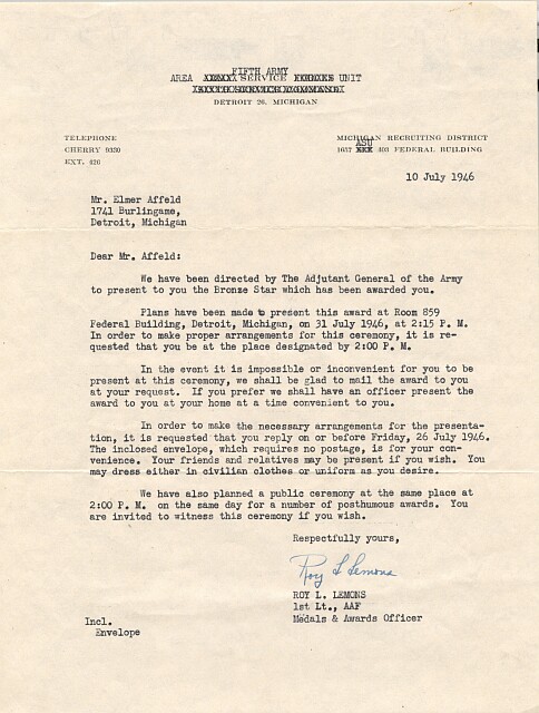 Elmer Vincent Affeld - Bronze Star Award Presentation Letter