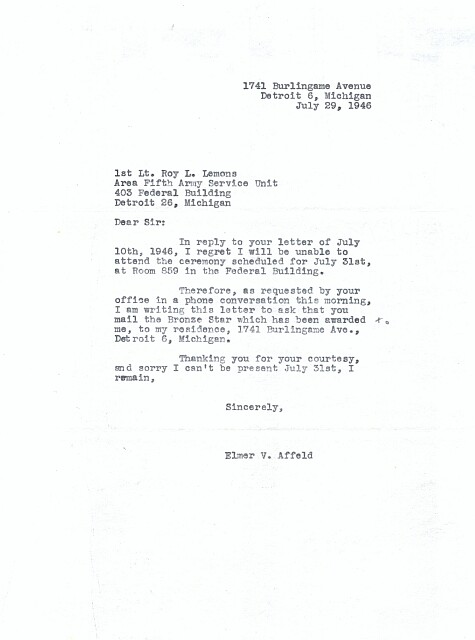 Elmer Vincent Affeld - Reply to the Bronze Star Presentation Ceremony