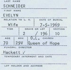 Evelyn Schneider's burial record